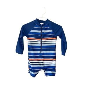 Eddie Bauer Baby Blue Striped Rash Guard Swim Romper, UPF Long Sleeve, Beachwear